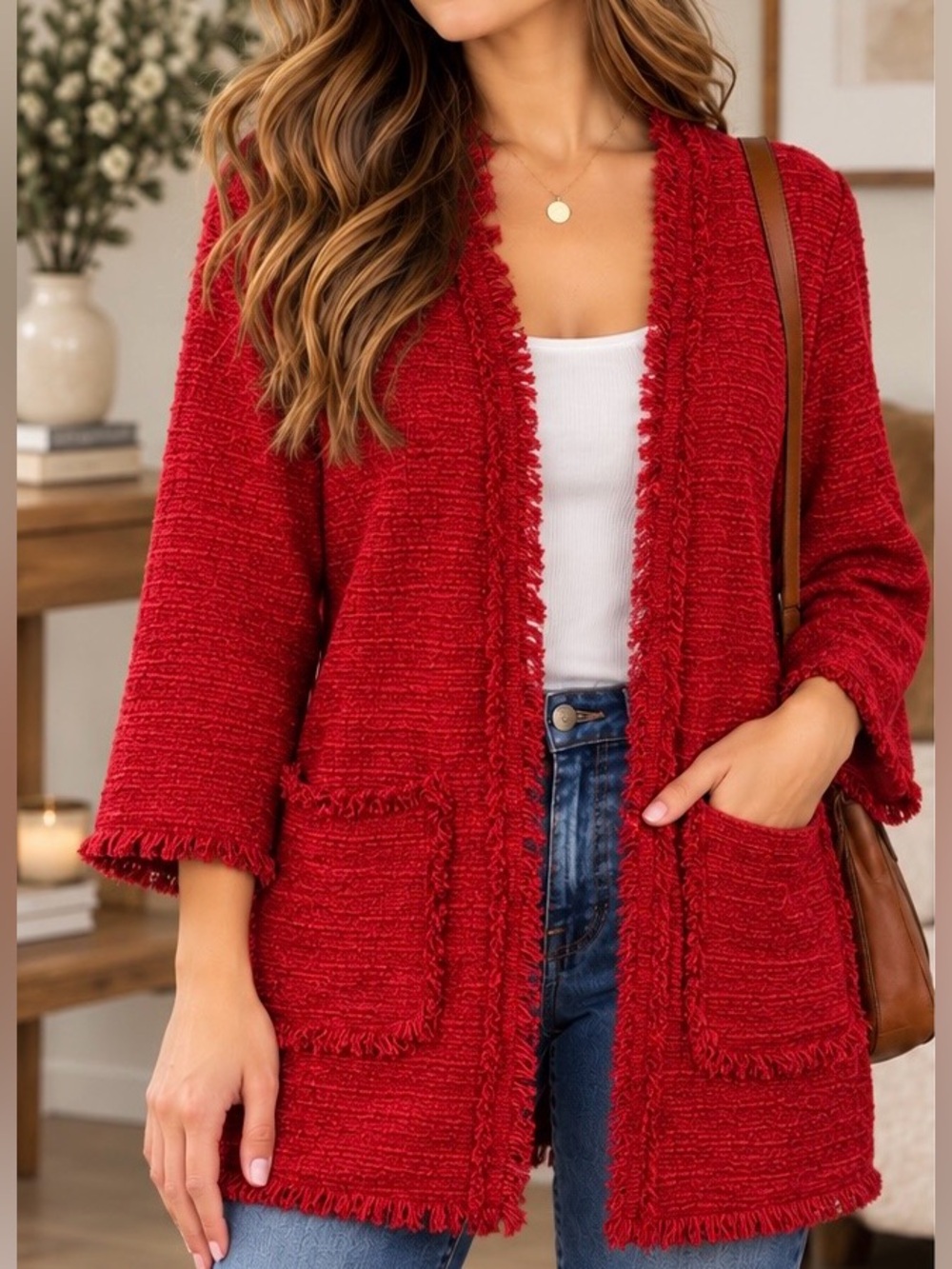 Chico's Red Fringe-Trim Open Front Knit Cardigan / Tweed Jacket